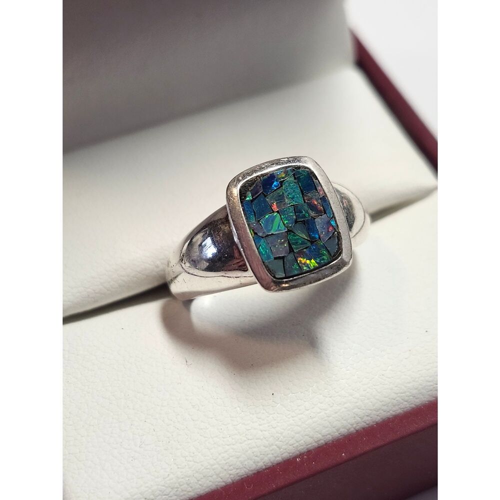 Sterling Silver Mosaic Opal Inlay Ring - Blue-Green MICHELLE ALBALA 925